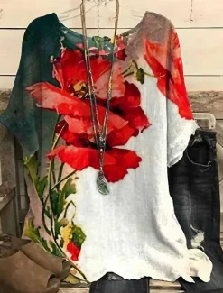 Discount Women's Plus Size Blouse Floral Vintage Streetwear Holiday Short Sleeve Dolman Sleeve Crew Neck Regular Tops Vacation Daily Print Yellow Red Summer Spring Women Chiffon Tops