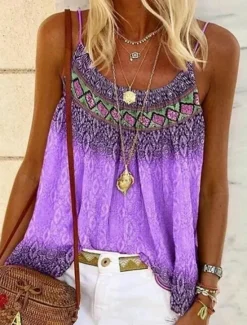 Sale Women's Plus Size Camisole Tank Top Camisole Summer Tops Boho Geometric Sleeveless Strap Holiday Beach Yellow Pink Blue Purple Women Boho Tops