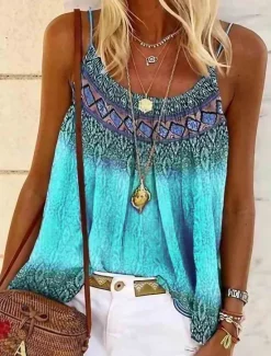 Sale Women's Plus Size Camisole Tank Top Camisole Summer Tops Boho Geometric Sleeveless Strap Holiday Beach Yellow Pink Blue Purple Women Boho Tops