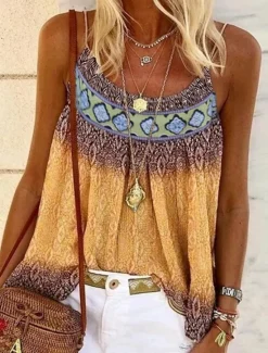Sale Women's Plus Size Camisole Tank Top Camisole Summer Tops Boho Geometric Sleeveless Strap Holiday Beach Yellow Pink Blue Purple Women Boho Tops