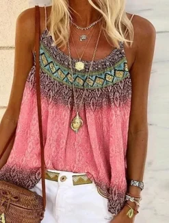 Sale Women's Plus Size Camisole Tank Top Camisole Summer Tops Boho Geometric Sleeveless Strap Holiday Beach Yellow Pink Blue Purple Women Boho Tops