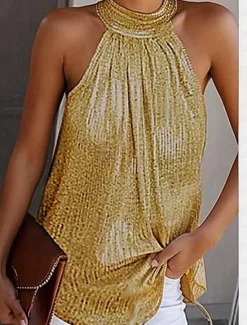 Outlet Women's Plus Size Camisole Tank Top Summer Tops Blouse Plain Sexy Basic Beach Sleeveless Halter Neck Daily Pleated Cut Out Silver Black Yellow Women Tank Tops & Camis