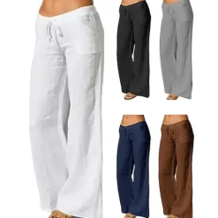Best Women's Plus Size Cotton Linen Pants High Waist Solid Color Drawstring Wide Leg Comfy Breathable Quick Dry Micro-elastic Black White Dark Navy Blue Summer Spring Fall Loose Fit Women Pants