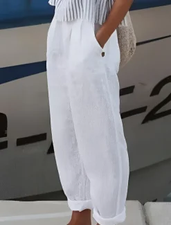 Outlet Women's Plus Size Cotton Linen Pants Simple Casual Comfort Pure Color Micro-elastic Home Street White Blue Green Khaki Summer Spring Women Pants