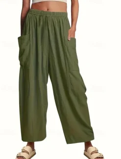 Discount Women's Plus Size Cotton Linen Shorts Linen-Inspired Pants Cotton Linen Pants Casual Daily Full Length High Waist High Rise Solid Colored Pocket Wide Leg Inelastic Daily Wear All Seasons Women Pants