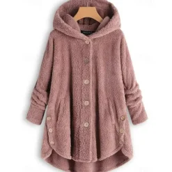 Discount Women's Plus Size Fleece Shirts Fleece Jacket Sports Teddy Pullover Fleece Solid Color Street Casual Hoodie Buttons Front Pocket Long Sleeve claret turmeric Black Navy Blue Fall Women Sleepwear