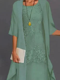 Outlet Women's Plus Size Knee Length Dress Lace Dress Dress Set Two Piece Dress Church Dress Elegant Classic Chinoiserie Formal Vacation Wedding Guest Regular Fit Pure Color Half Sleeve Crew Neck Light Blue Women Chiffon Dresses
