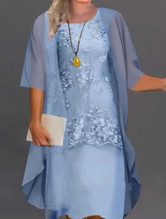 Outlet Women's Plus Size Knee Length Dress Lace Dress Dress Set Two Piece Dress Church Dress Elegant Classic Chinoiserie Formal Vacation Wedding Guest Regular Fit Pure Color Half Sleeve Crew Neck Light Blue Women Chiffon Dresses