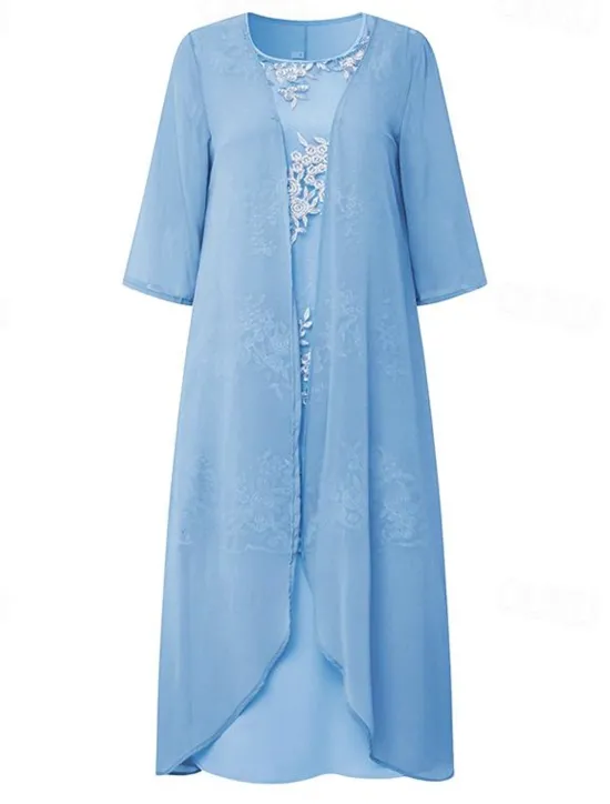 Outlet Women's Plus Size Knee Length Dress Lace Dress Dress Set Two Piece Dress Church Dress Elegant Classic Chinoiserie Formal Vacation Wedding Guest Regular Fit Pure Color Half Sleeve Crew Neck Light Blue Women Chiffon Dresses