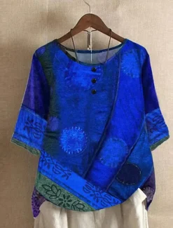 Best Women's Plus Size Linen Shirt Boho T-shirt T Shirt Streetwear Casual Color Block Striped Print Half Sleeve Regular Tops Crew Neck Daily Sports Weekend Red Blue Purple Summer Spring Women T-Shirts