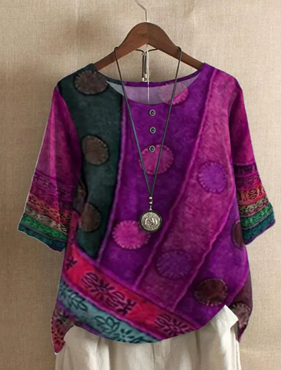 Best Women's Plus Size Linen Shirt Boho T-shirt T Shirt Streetwear Casual Color Block Striped Print Half Sleeve Regular Tops Crew Neck Daily Sports Weekend Red Blue Purple Summer Spring Women T-Shirts