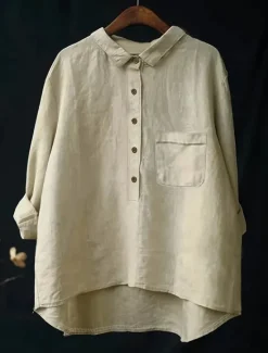 Women's Plus Size Linen-Inspired Shirts Blouse Solid Color Casual Long Sleeve Shirt Collar Regular Tops Daily Pocket Spring & Fall Women Shirts