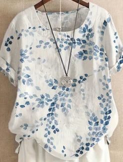 Outlet Women's Plus Size Linen-Inspired Shirts T Shirt Leaf Leaves Daily Casual Short Sleeve Crew Neck Daily All Seasons Women Shirts