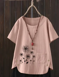 Women's Plus Size Linen-Inspired Shirts T Shirt Flower Daily Short Sleeve Crew Neck Regular Tops Daily Print White Yellow Pink Spring All Seasons Women Shirts