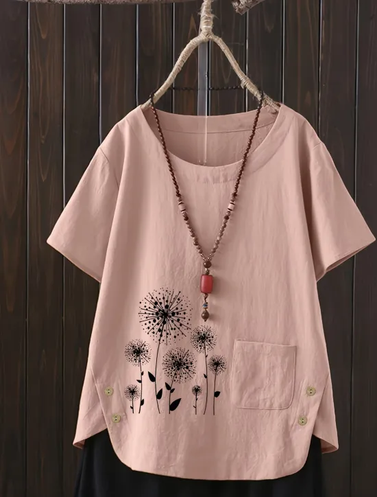 Women's Plus Size Linen-Inspired Shirts T Shirt Flower Daily Short Sleeve Crew Neck Regular Tops Daily Print White Yellow Pink Spring All Seasons Women Shirts