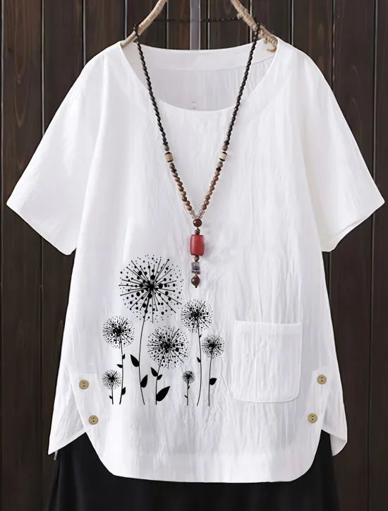 Women's Plus Size Linen-Inspired Shirts T Shirt Flower Daily Short Sleeve Crew Neck Regular Tops Daily Print White Yellow Pink Spring All Seasons Women Shirts