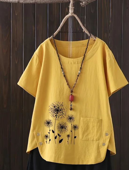 Women's Plus Size Linen-Inspired Shirts T Shirt Flower Daily Short Sleeve Crew Neck Regular Tops Daily Print White Yellow Pink Spring All Seasons Women Shirts
