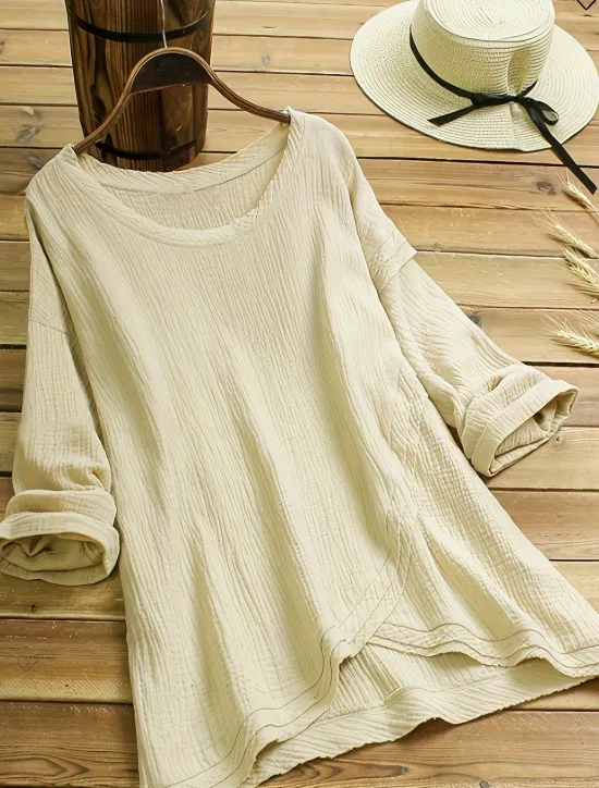 Hot Women's Plus Size Linen-Inspired Shirts Blouse Plain Daily Long Sleeve Crew Neck Regular Tops Daily Asymmetric Hem All Seasons Women Shirts