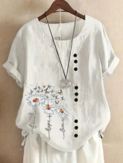 Outlet Women's Plus Size Linen-Inspired Shirts T Shirt Flower Daily Casual Short Sleeve Crew Neck Daily All Seasons Women Shirts
