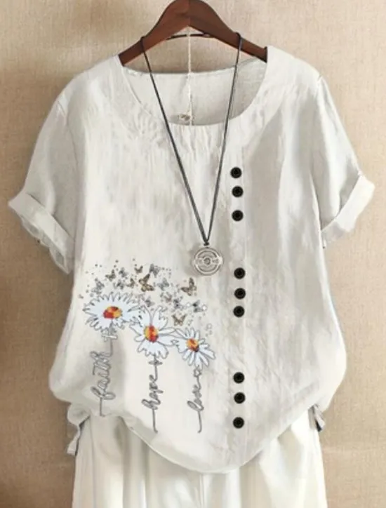 Outlet Women's Plus Size Linen-Inspired Shirts T Shirt Flower Daily Casual Short Sleeve Crew Neck Daily All Seasons Women Shirts