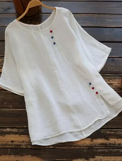 Outlet Women's Plus Size Linen-Inspired Shirts T Shirt Plain Daily Short Sleeve Crew Neck Regular Tops Daily Buttons Spring All Seasons Women Shirts
