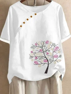 Women's Plus Size Linen-Inspired Shirts Summer Tops Solid Color Casual Short Sleeve Crew Neck Regular Tops Daily Print Spring All Seasons Women Shirts