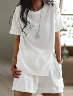 Best Women's Plus Size Loungewear Sets Pure Color Sport Casual Comfort Home Street Daily Breathable Crew Neck Short Sleeve T shirt Tee Shorts Pocket Summer Spring Home Outfits Women Pajama-Setter