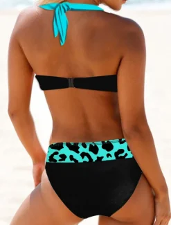 Outlet Women's Plus Size Swimwear Bikini 2 Piece Swimsuit Tie Front Tropical Push Up Ombre Gradient Color Sleeveless Bathing Suits Women Colorful Swimwear