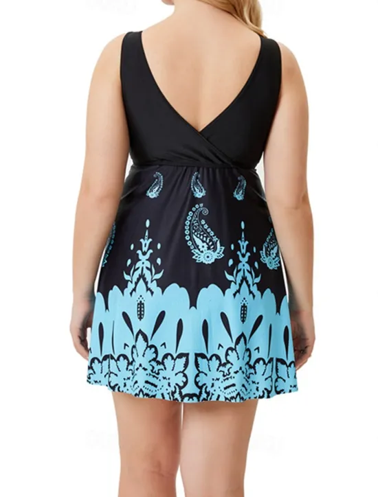 Hot Women's Plus Size Swimwear Swim Dress Swimsuit Printing Beach Wear Holiday Paisley Sleeveless Bathing Suits Women Swimdresses