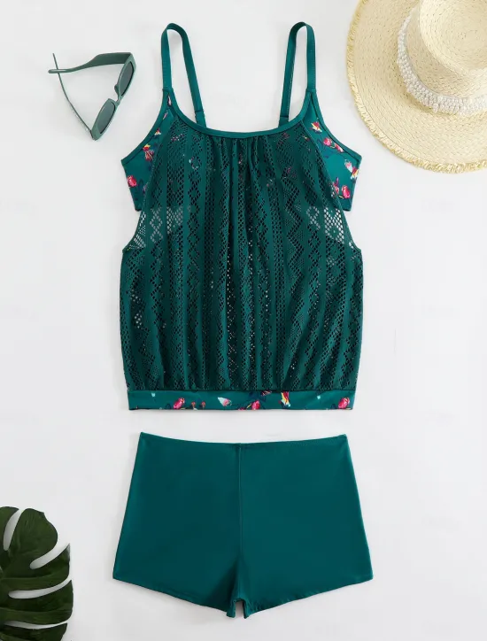 Online Women's Plus Size Swimwear Tankini 2 Piece Swim Dress High Waist Swimsuit See Through High Waist Knitted Stylish Beach Wear Leopard Tropical Round Neck Sleeveless Bathing Suits Women Leopard Swimwear