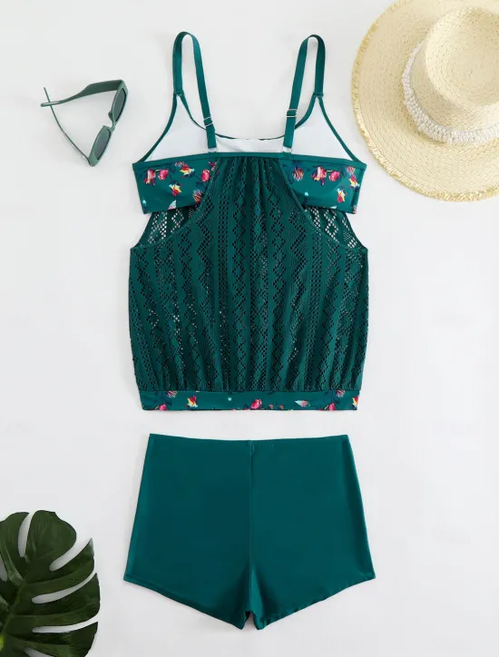Online Women's Plus Size Swimwear Tankini 2 Piece Swim Dress High Waist Swimsuit See Through High Waist Knitted Stylish Beach Wear Leopard Tropical Round Neck Sleeveless Bathing Suits Women Leopard Swimwear
