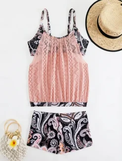 Online Women's Plus Size Swimwear Tankini 2 Piece Swim Dress High Waist Swimsuit See Through High Waist Knitted Stylish Beach Wear Leopard Tropical Round Neck Sleeveless Bathing Suits Women Leopard Swimwear