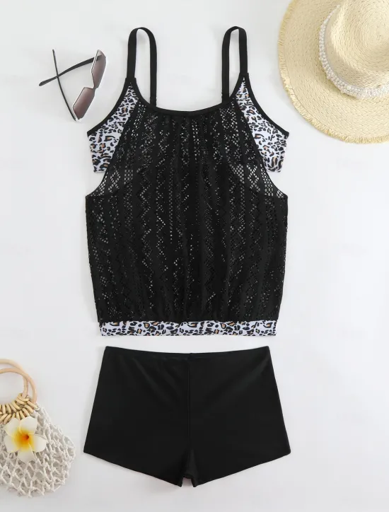 Online Women's Plus Size Swimwear Tankini 2 Piece Swim Dress High Waist Swimsuit See Through High Waist Knitted Stylish Beach Wear Leopard Tropical Round Neck Sleeveless Bathing Suits Women Leopard Swimwear