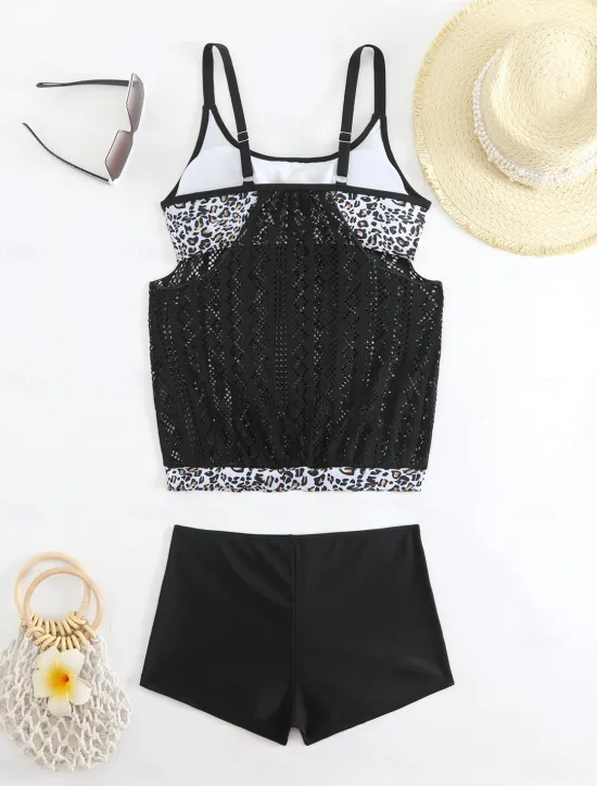 Online Women's Plus Size Swimwear Tankini 2 Piece Swim Dress High Waist Swimsuit See Through High Waist Knitted Stylish Beach Wear Leopard Tropical Round Neck Sleeveless Bathing Suits Women Leopard Swimwear