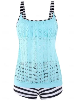 Online Women's Plus Size Swimwear Tankini 2 Piece Swim Dress High Waist Swimsuit See Through High Waist Knitted Stylish Beach Wear Leopard Tropical Round Neck Sleeveless Bathing Suits Women Leopard Swimwear