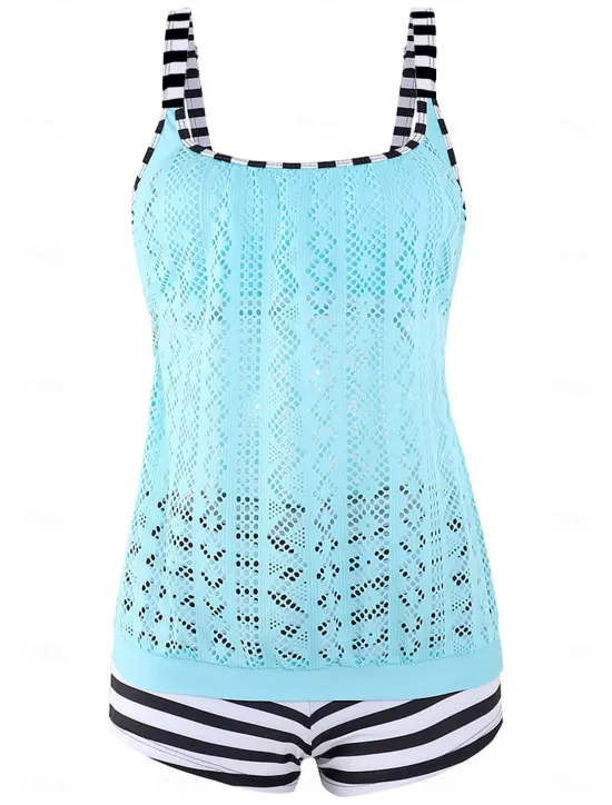 Online Women's Plus Size Swimwear Tankini 2 Piece Swim Dress High Waist Swimsuit See Through High Waist Knitted Stylish Beach Wear Leopard Tropical Round Neck Sleeveless Bathing Suits Women Leopard Swimwear