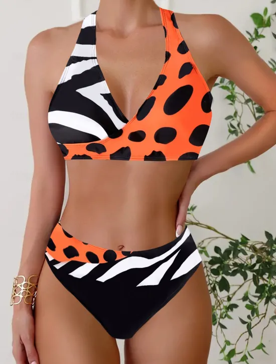 Online Women's Plus Size Swimwear Bikini Tankini 2 Piece Cheeky Swimsuit Deep V Push Up Knitted Stylish Beach Wear Leopard Color Block Plunge Sleeveless Bathing Suits Women Leopard Swimwear|Bikinis