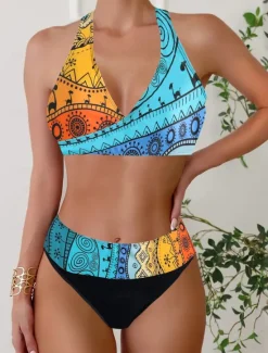 Online Women's Plus Size Swimwear Bikini Tankini 2 Piece Cheeky Swimsuit Deep V Push Up Knitted Stylish Beach Wear Leopard Color Block Plunge Sleeveless Bathing Suits Women Leopard Swimwear|Bikinis