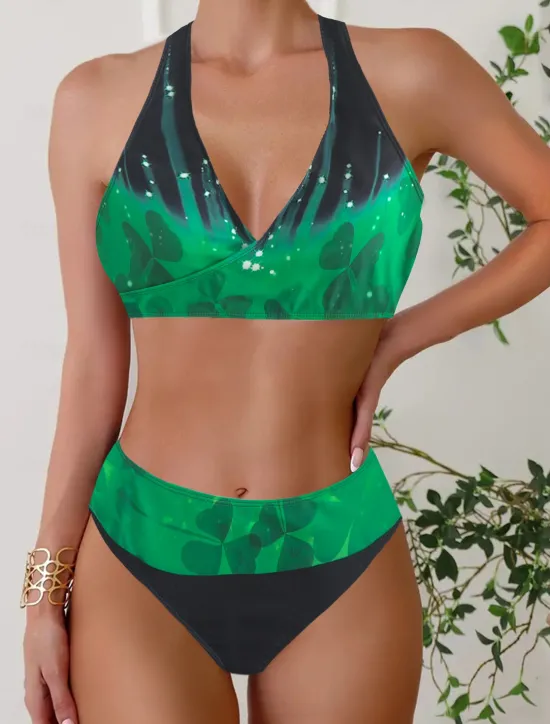Online Women's Plus Size Swimwear Bikini Tankini 2 Piece Cheeky Swimsuit Deep V Push Up Knitted Stylish Beach Wear Leopard Color Block Plunge Sleeveless Bathing Suits Women Leopard Swimwear|Bikinis
