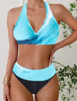 Online Women's Plus Size Swimwear Bikini Tankini 2 Piece Cheeky Swimsuit Deep V Push Up Knitted Stylish Beach Wear Leopard Color Block Plunge Sleeveless Bathing Suits Women Leopard Swimwear|Bikinis