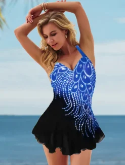 New Women's Plus Size Swimwear 2 Piece Swim Dress Swimsuit Print for Big Busts Vacation Sporty Leaf Bathing Suits Women Swimdresses