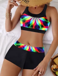 Clearance Women's Plus Size Swimwear Bikini Tankini 2 Piece Boy Leg Swimsuit High Waist Push Up Knitted Stylish Beach Wear Flag Leopard Round Neck Sleeveless Bathing Suits Women Leopard Swimwear|Bikinis