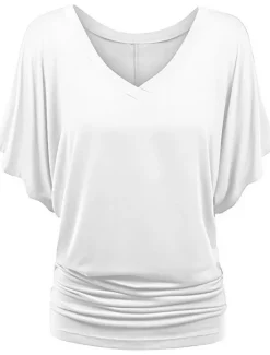 Clearance Women's Plus Size T Shirt Burgundy Tee Streetwear Casual Preppy Ruched Batwing Sleeve Half Sleeve Regular Tops V Neck Daily Going out Weekend Black White Yellow Pink Wine Summer Spring Women T-Shirts