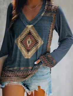 Sale Women's Plus Size T Shirt V Neck Long Sleeve Tunic Graphic Geometric Vintage Basic Ethnic Long Tops Daily Weekend Print Blue Khaki Fall & Winter Women Tunic Tops|Boho Tops