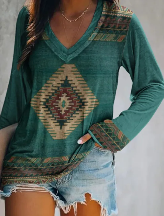 Sale Women's Plus Size T Shirt V Neck Long Sleeve Tunic Graphic Geometric Vintage Basic Ethnic Long Tops Daily Weekend Print Blue Khaki Fall & Winter Women Tunic Tops|Boho Tops
