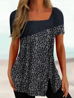 Sale Women's Plus Size T Shirt Tunic Basic Floral Striped Print Short Sleeve Regular Tops Square Neck Casual Holiday Black White Pink Purple Dark Gray Women Tunic Tops