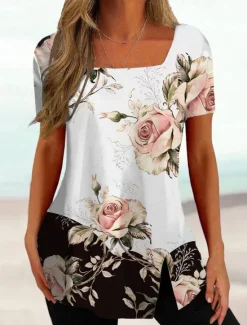 Sale Women's Plus Size T Shirt Tunic Basic Floral Striped Print Short Sleeve Regular Tops Square Neck Casual Holiday Black White Pink Purple Dark Gray Women Tunic Tops