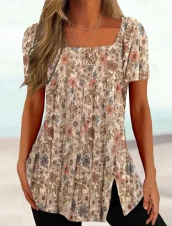 Sale Women's Plus Size T Shirt Tunic Basic Floral Striped Print Short Sleeve Regular Tops Square Neck Casual Holiday Black White Pink Purple Dark Gray Women Tunic Tops