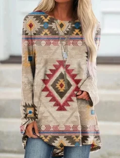 New Women's Plus Size T Shirt Tunic Shirts Geometric Plaid Vintage Tunic Ethnic Long Sleeve Round Neck Long Tops Casual Print Marron Yellow Light Green Wine Red Fall & Winter Prefall Women Tunic Tops