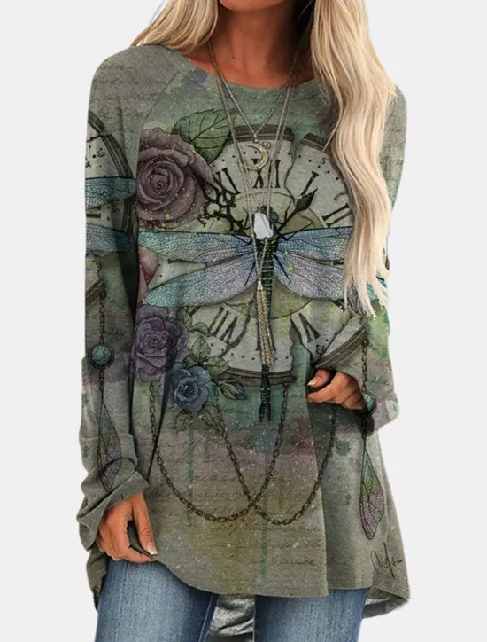 New Women's Plus Size T Shirt Tunic Shirts Geometric Plaid Vintage Tunic Ethnic Long Sleeve Round Neck Long Tops Casual Print Marron Yellow Light Green Wine Red Fall & Winter Prefall Women Tunic Tops